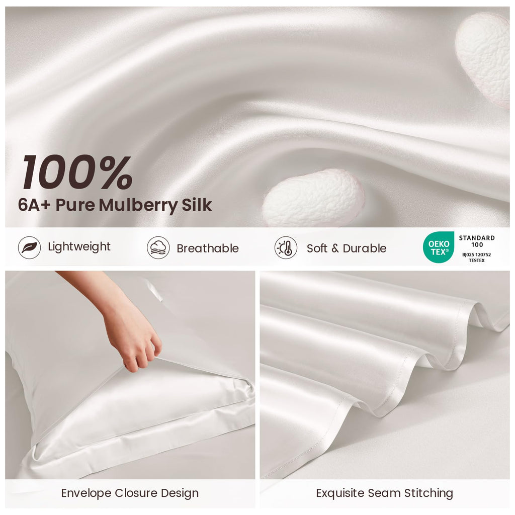 100% Pure 6A+ Mulberry Silk Sheet Set 4Pcs Queen Pearl White