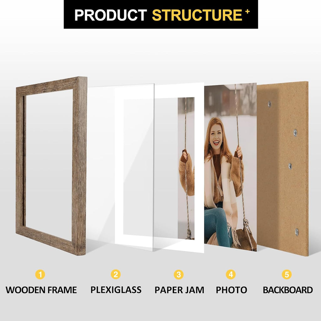 8x10 Picture Frames with 6x8 Mat Set of 6, Rustic Brown | Wood Grain Design, Wall Mounting or Tabletop Display, for