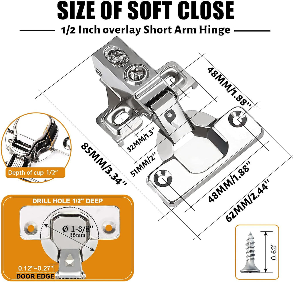 24 Pack 1/2 inch Overlay Soft Close Cabinet Door Hinges Hinges, 100 Degree Opening Angel, Stainless Concealed Kitchen