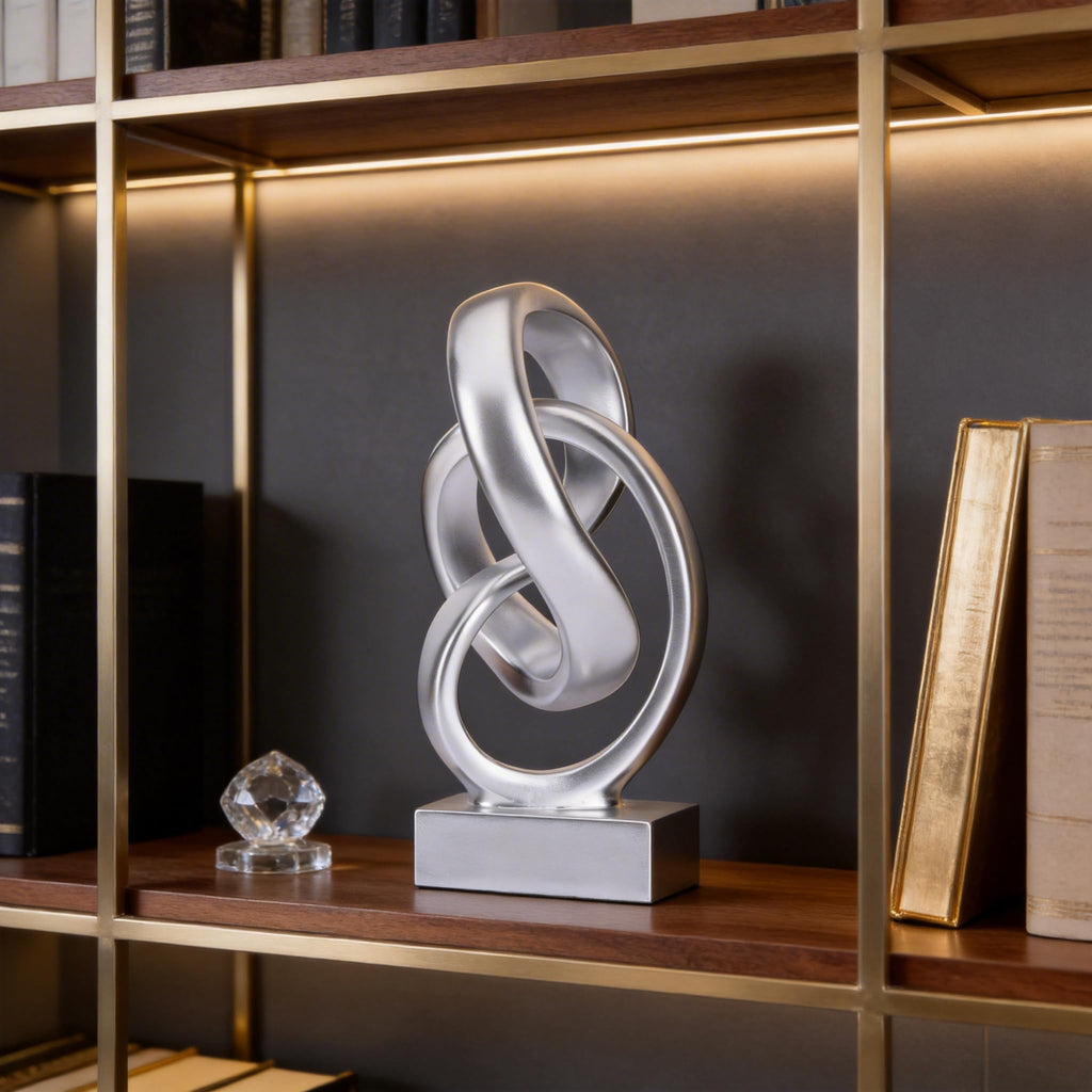 Modern Abstract Knot Sculpture, Artistic Mobius Inspired Resin Decor, Elegant Home and Office Decor, (Silver)
