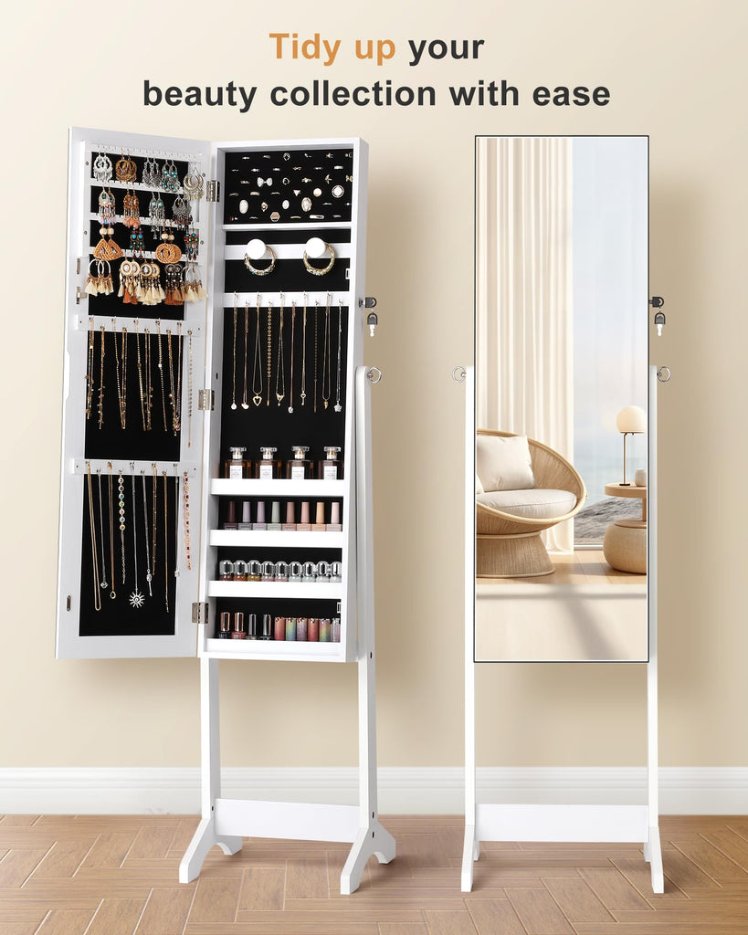 Freestanding Jewelry Cabinet, Full Length Mirror, Moon White