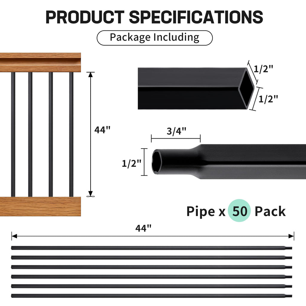 Square Metal Stair Balusters 1/2" Hollow Wrought Iron Spindles for Indoor Staircase & Deck Railing 44" Long Plain