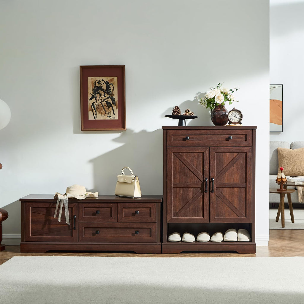 48 Inch Cherry Wood End of Bed Storage Bench, Farmhouse Bed Bench with Drawers and Cabinet, Rustic Shoe Storage Bench