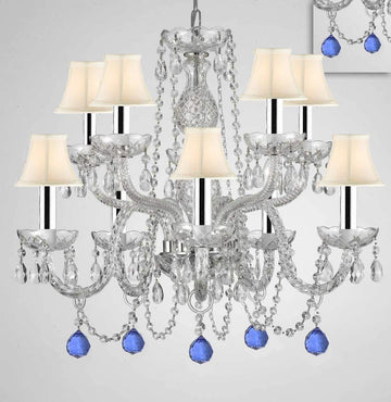 Chandelier Lighting Crystal Chandeliers H25" X W24" 10 Lights w/Chrome Sleeves - Dressed w/Blue Crystal Balls! Great for Dining Room, Foyer, Entry Way, Living Room, Bedroom, Kitchen! w/White Shades - G46-B43/B99/WHITESHADES/CS/1122/5+5
