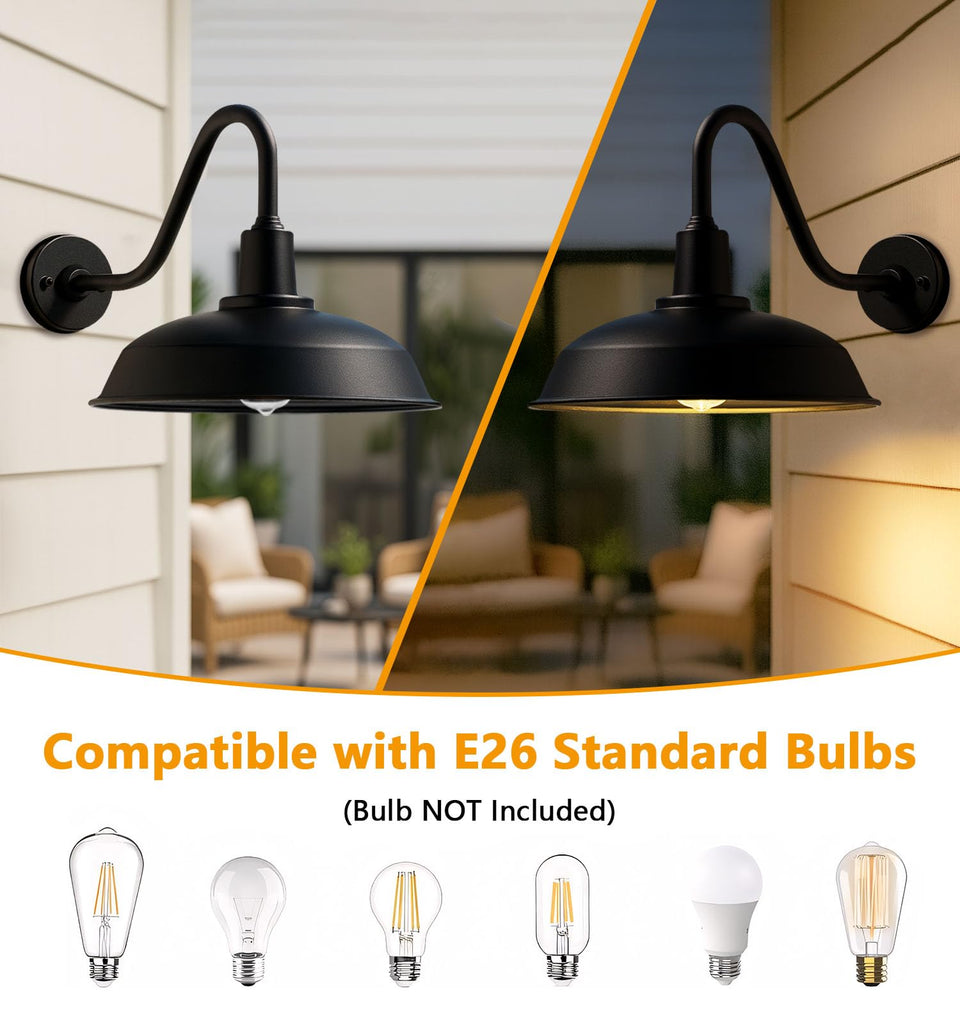 15" Black Outdoor Gooseneck Barn Light, Farmhouse Wall Light