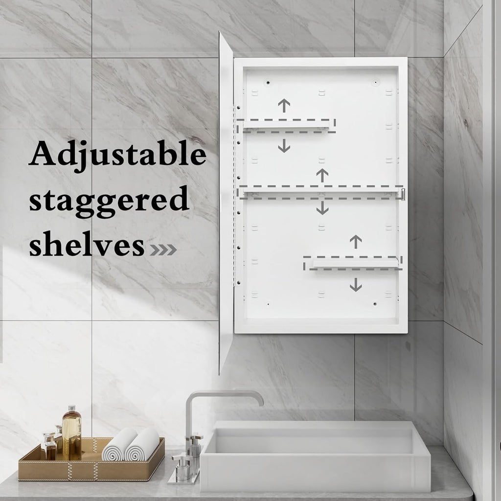 White 16x26 Medicine Cabinet, Beveled Mirror & Adjustable Staggered Shelves | Recessed or Surface Mount Bathroom