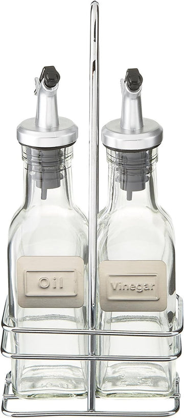 Cruet Oil and Vinegar Bottles Set with Dripless Spouts and Wire Caddy, English Labels - 6 oz. each - Set of 2
