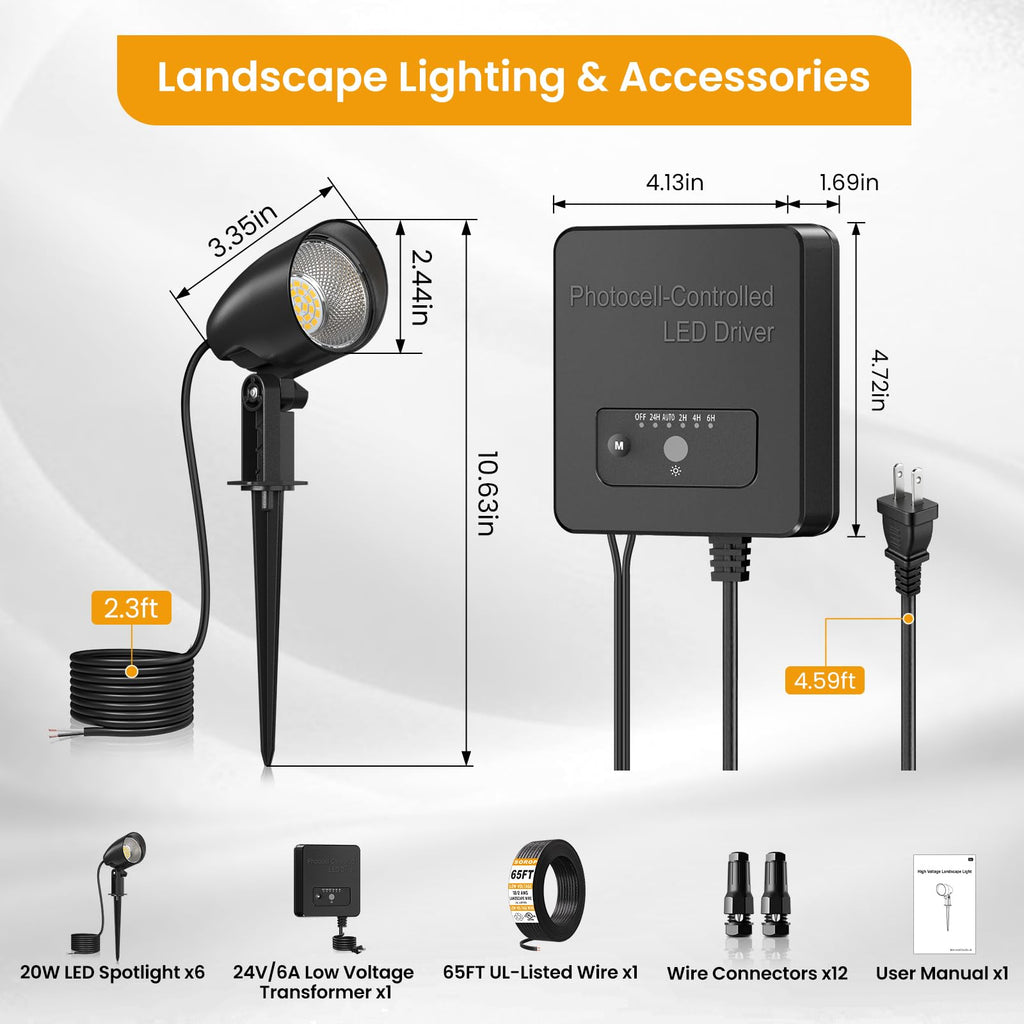 20W Low Voltage Landscape Lighting Kit, 2700K Outdoor Spotlight 6Pack