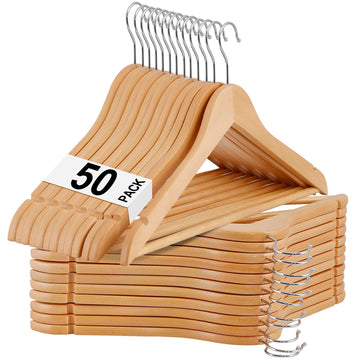 Wooden Clothes Hangers 50 Pack, Non-Slip Wood Hangers with 360° Swivel Hook & Shoulder Grooves, Coat Hanger for