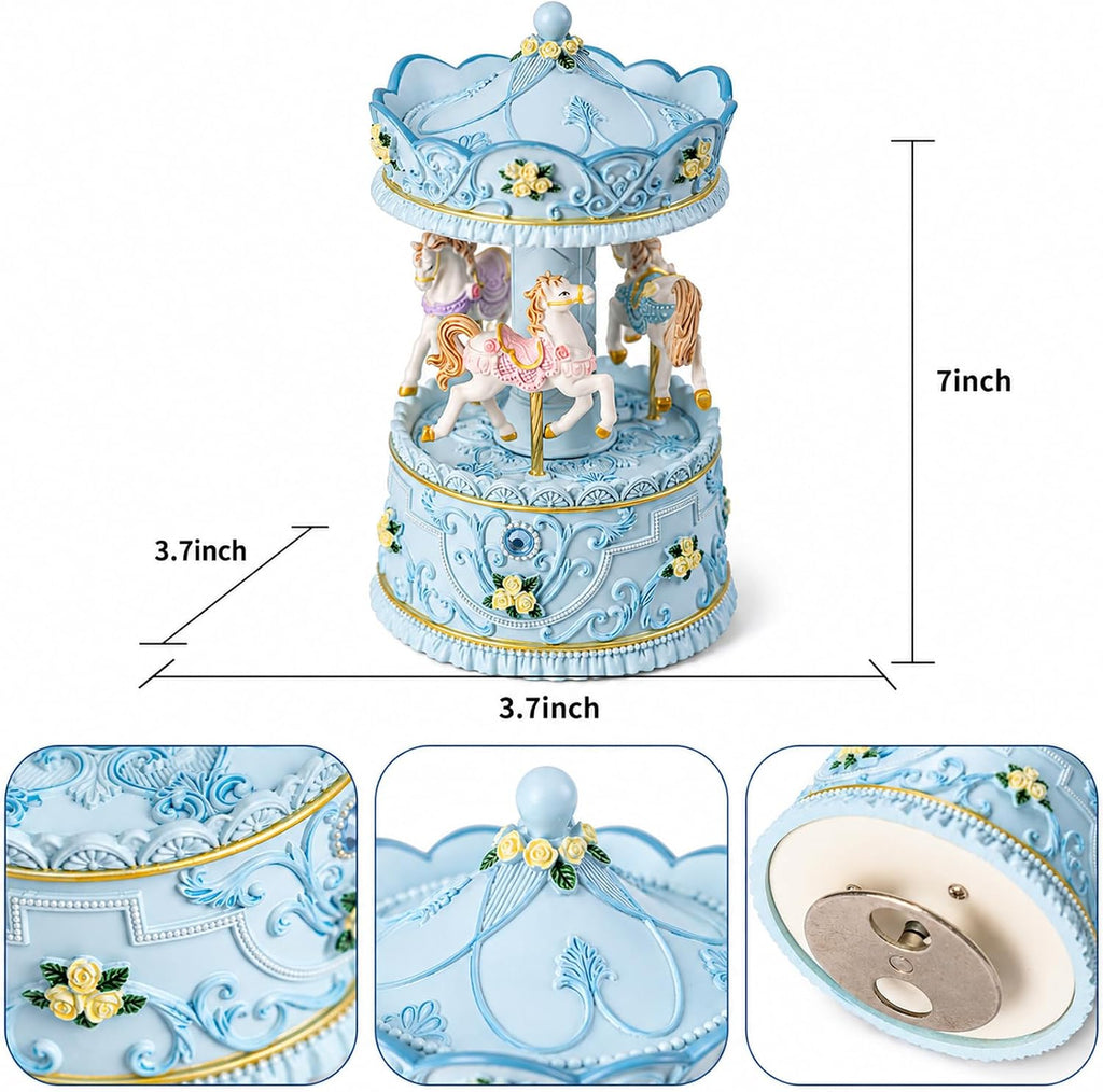 Lighted Rotating Carousel Music Box, Wind Up Musical Merry-Go-Round Figurine, Hand Painted Vintage Blue Collectible