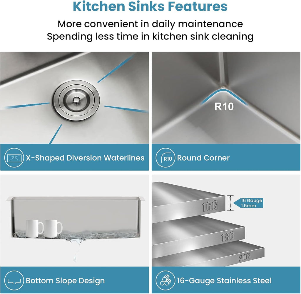 32 Inch Undermount Kitchen Sink, 16 Gauge Stainless Steel Workstation Sink | With Accessories, Single Bowl, Brushed