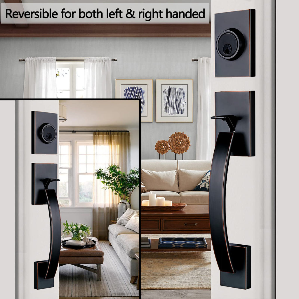 Exterior Door Handle, Front Door Handle with Deadbolt,Entry Door Lock Set with Reversible Lever, Oil Rubbed Bronze