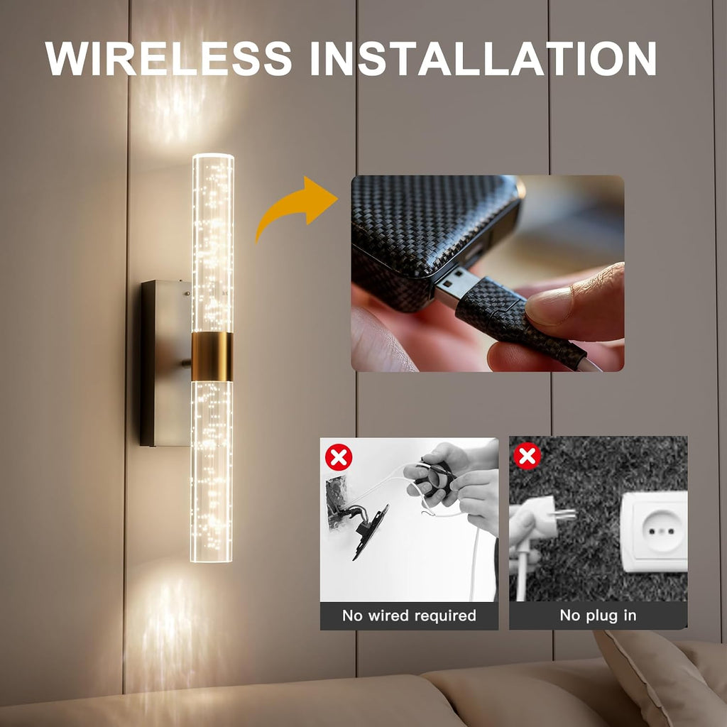Crystal Battery Operated Wall Sconce, Black and Gold Rechargeable Wireless Wall Light Fixtures with Remote Control