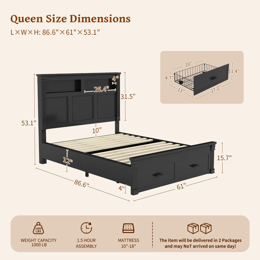 Farmhouse 53" Tall Bed Frame, Headboard& 2 Storage Drawers, Black