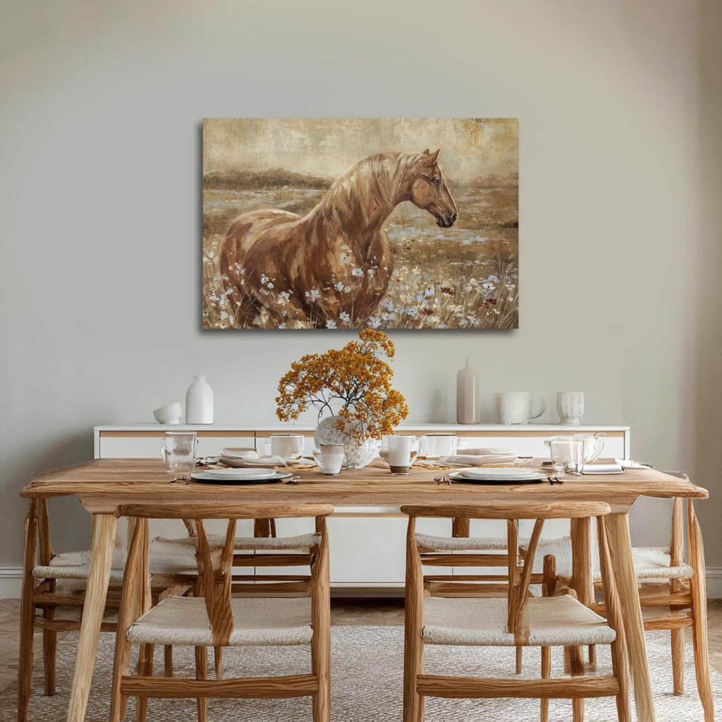 Horse Canvas Wall Art for Farmhouse Decor, Neutral Brown/Beige Equestrian Picture with Wildflower Meadow, Animal