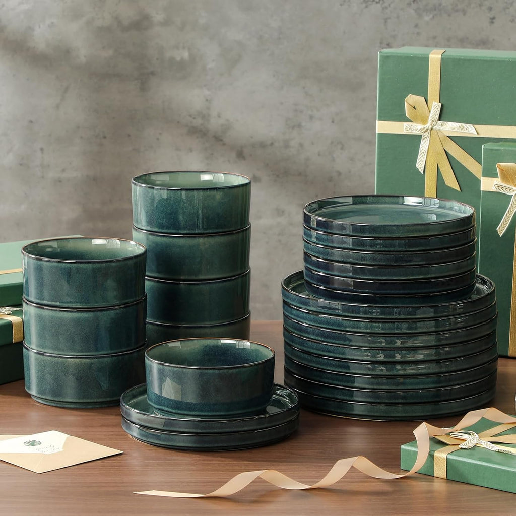 Starry Plates and Bowls Sets for 8, 24 Pieces Green Dinnerware SetsModern Stoneware Dishes Set