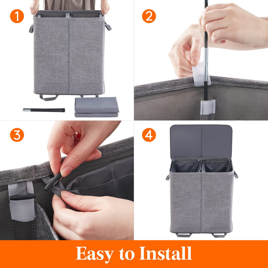 Double Laundry Hamper with Lid, Removable Laundry Bags, Gray