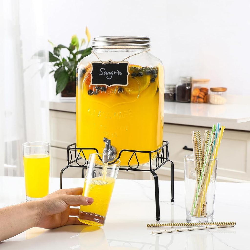 2 Gallon with Stand and Lid, 18/8 Stainless Steel Spigot - for Parties - Mason Jar Drink Dispensers with Lids