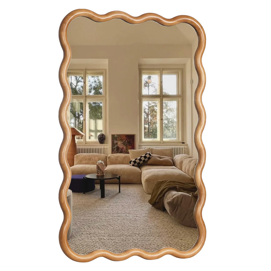 24"x36" Wavy Wood Mirror, Rectangular Wall Mirror with Natural Wooden Frame, Boho Farmhouse Country Bathroom Vanity