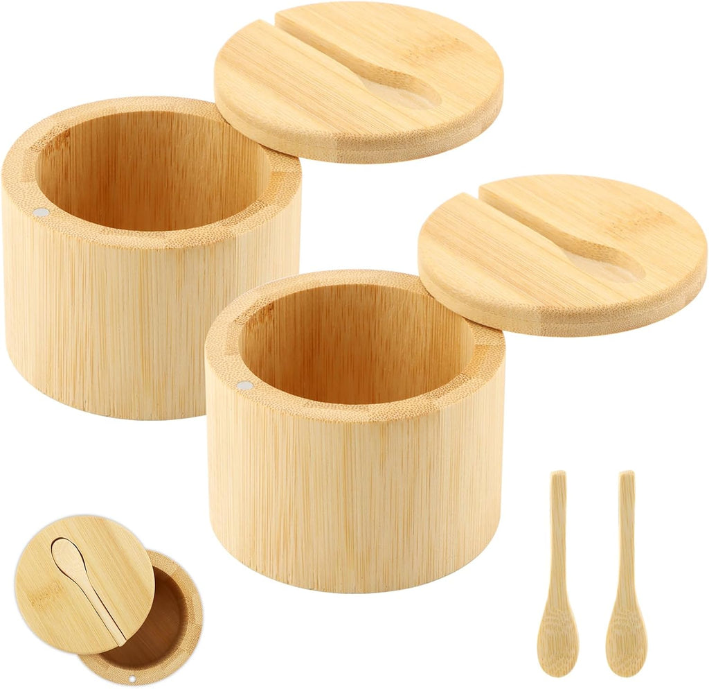 Bamboo Salt Cellar with Magnetic Swivel Lid & Spoon, Spice Box Bowl Storage Box Salt Container to Storage - Set of 2