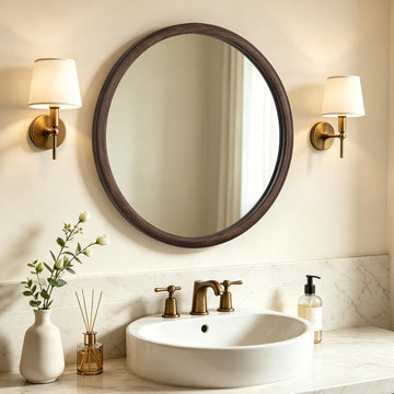 24 inch Round Mirror, Walnut Wood-Grain Foil Finish Circle Mirror and Vanity Decor