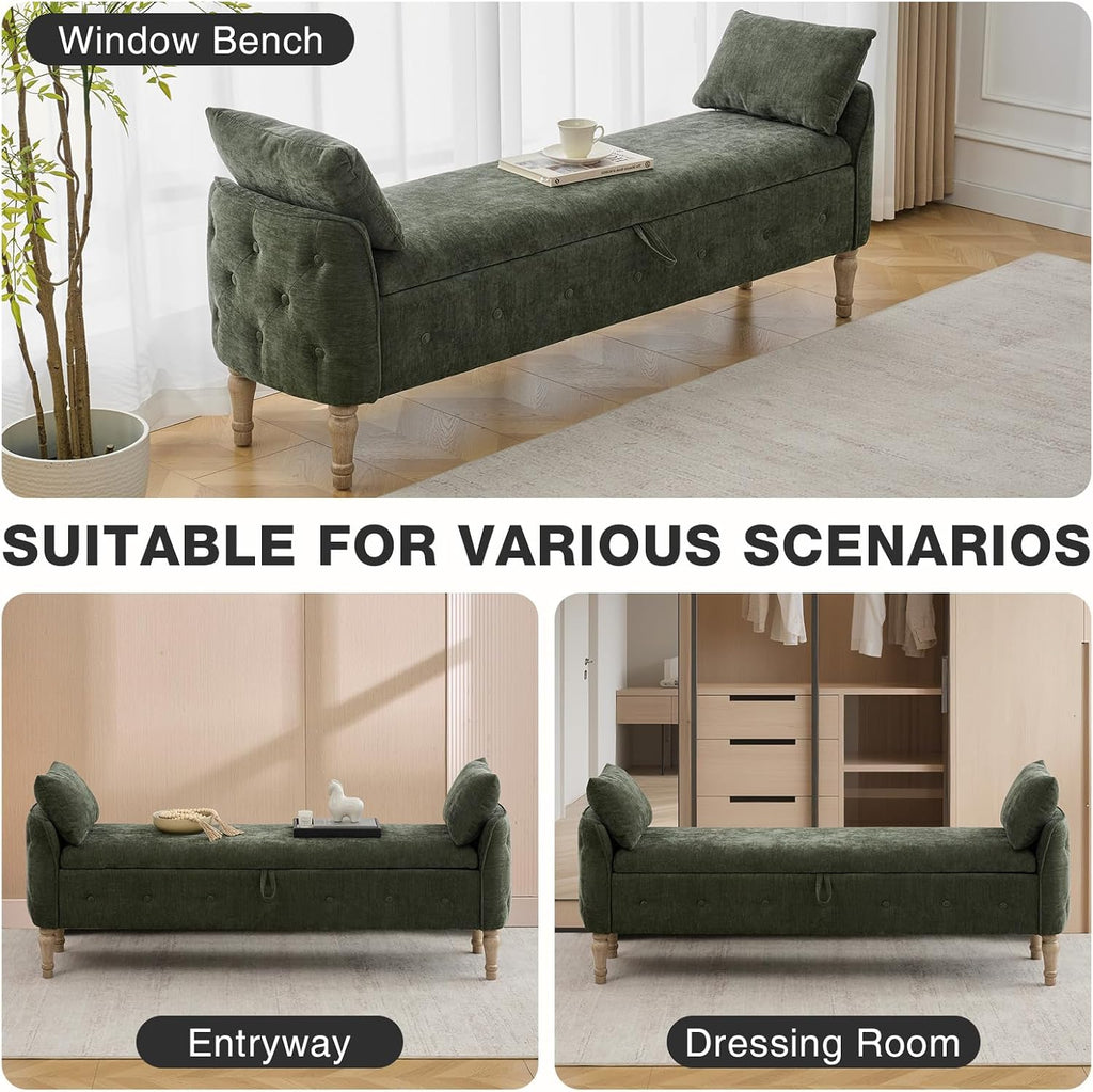67"End of Bed Storage Bench King Size,Upholstered Bedroom Bench,Green | Linen Storage Bench End of Bed ,2 Cushion