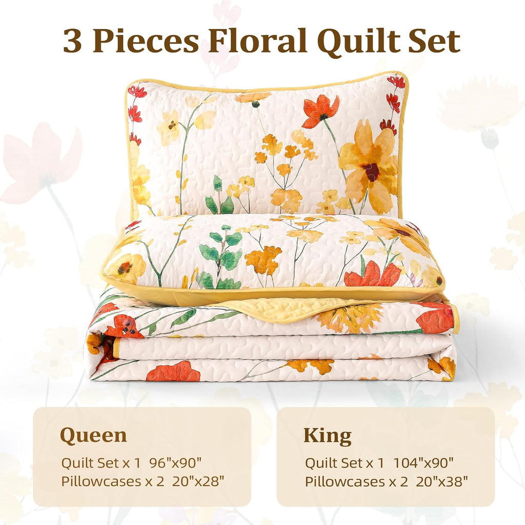 Quilt Set Queen, Yellow Floral Reversible Bedspread Soft Microfiber Lightweight Queen Quilt Bedding Sets Reversible
