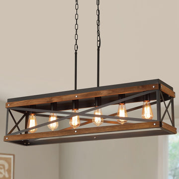 Rustic Farmhouse Wood Kitchen Island Lighting, 6 Lights Rectangular Pendant Light Fixture, Adjustable Chain Oak Wood