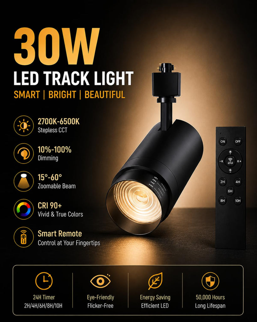 30W Zoomable LED Track Lighting Heads, Remote Control H Type Track Light Fixtures, 15°-60° Beam Angle