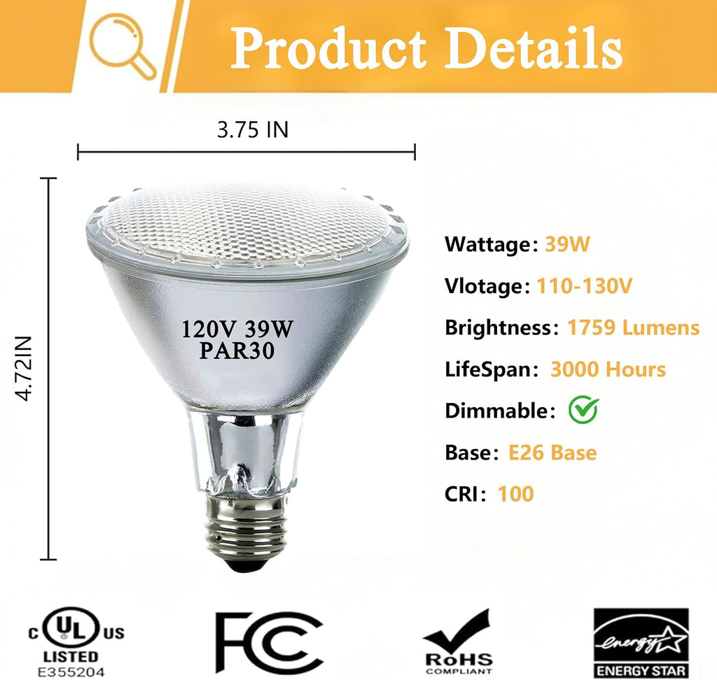Halogen Par30 Long Neck Flood Bulb Dimmable 39W 120V E26 Base 6pcs