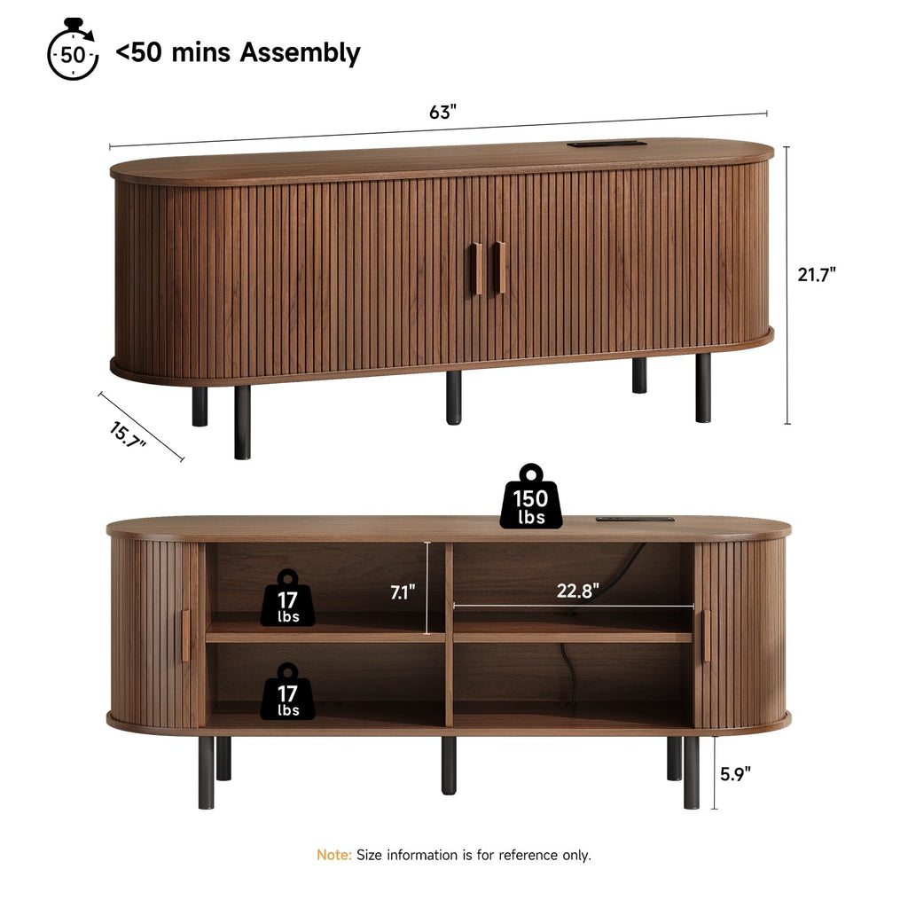 63" TV Stand with Power Outlet & Storage for TVs up to 70", Walnut