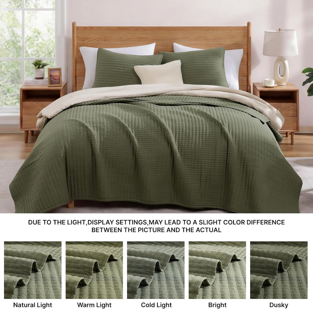 Queen Quilt-3 Pieces Lightweight Bedspreads Olive Green Queen Quilt Bedding Set for All Seasons, Soft Summer Coverlet