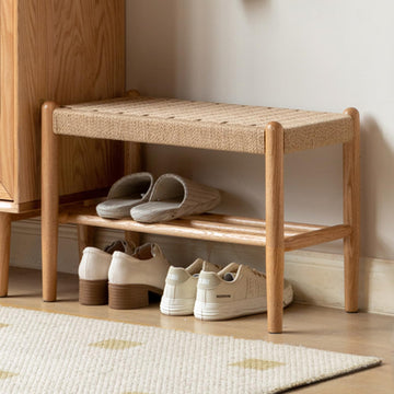 Solid Wood Shoe Bench, Woven Seat Entryway Bench for Small Spaces