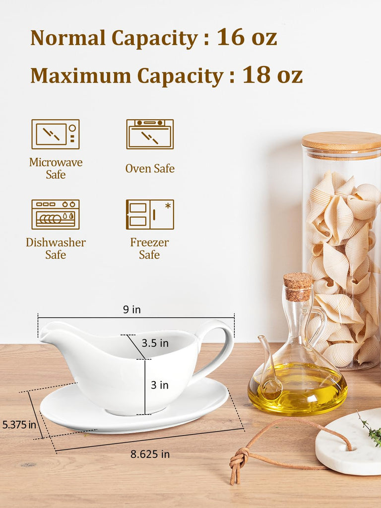 18 oz Ceramic Gravy Boat with Saucer, White Sauce Boat