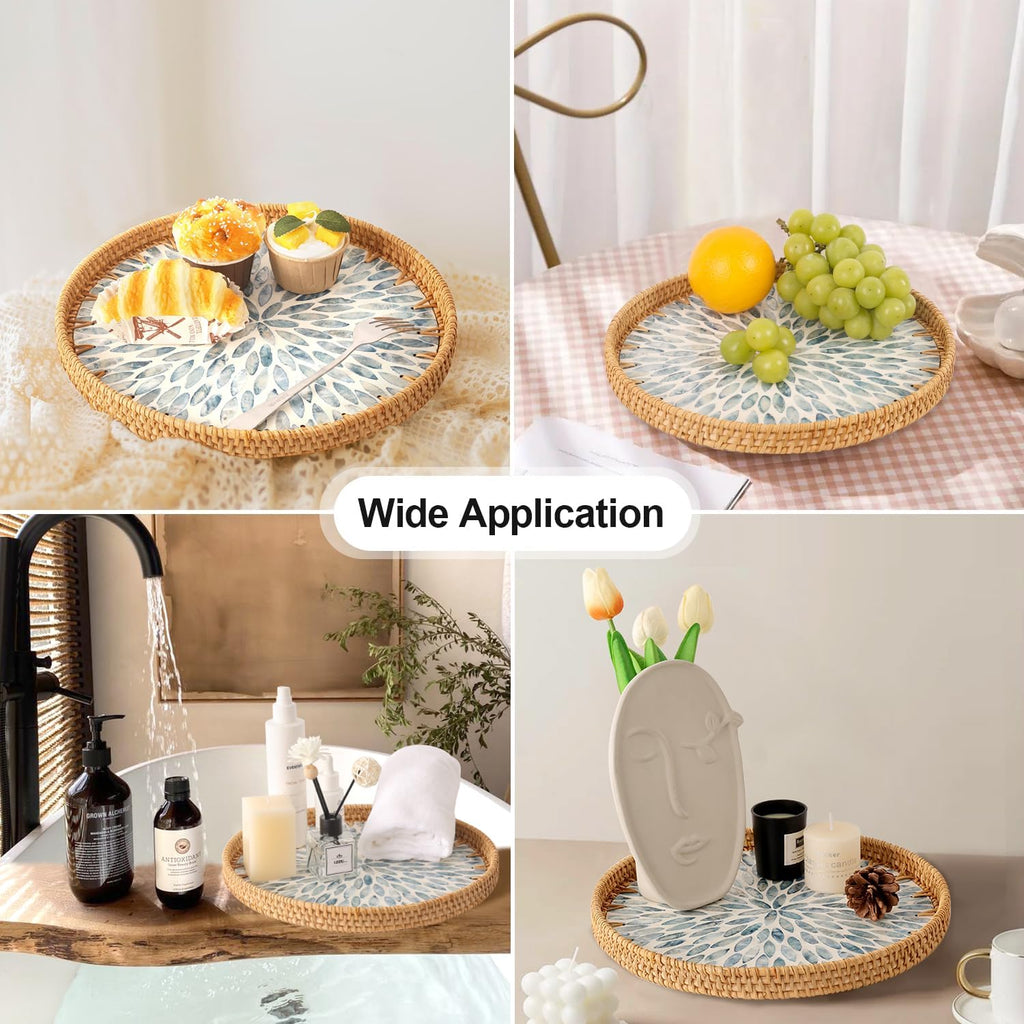 Round Rattan Tray with Mother of Pearl Inlay, Rattan Serving Tray for Coffee, Bread, Fruits, Decorative Wicker Tray