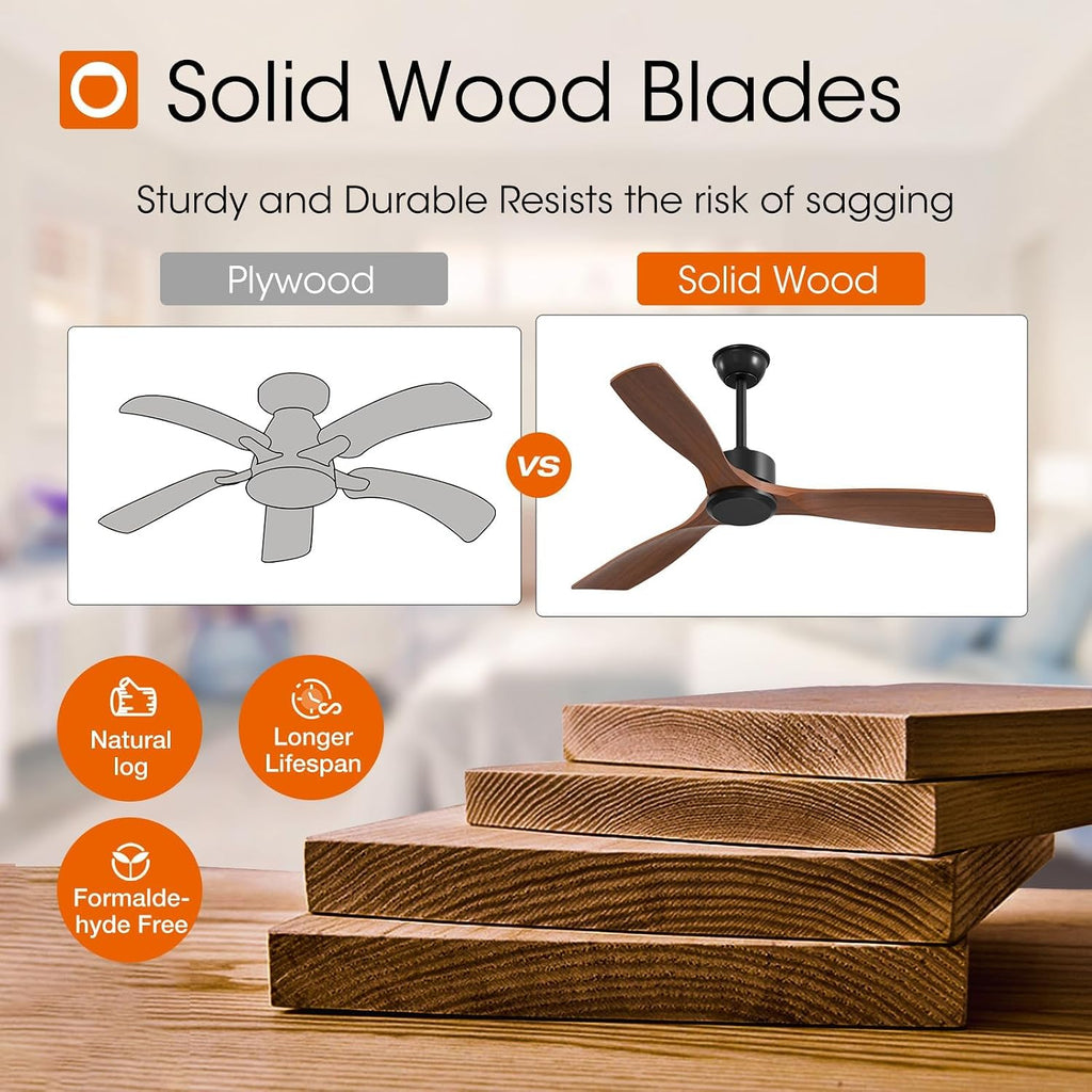 52 inch Ceiling Fans No Lights and Remote Control, Reversible, 3 Wood Blades, 6 Speeds, Noiseless, Indoor/Outdoor Black Walnut Ceiling Fan for Bedroom Shop Patio Gazebo Farmhouse A103-B0DY7N6S9N