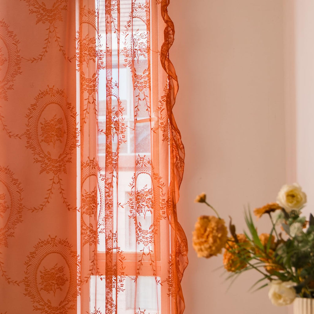 Burnt Orange Lace Sheer Curtains 96 inches Long 2 Panels Set, Rust Terracotta Boho Florals Embroidery Vintage Window