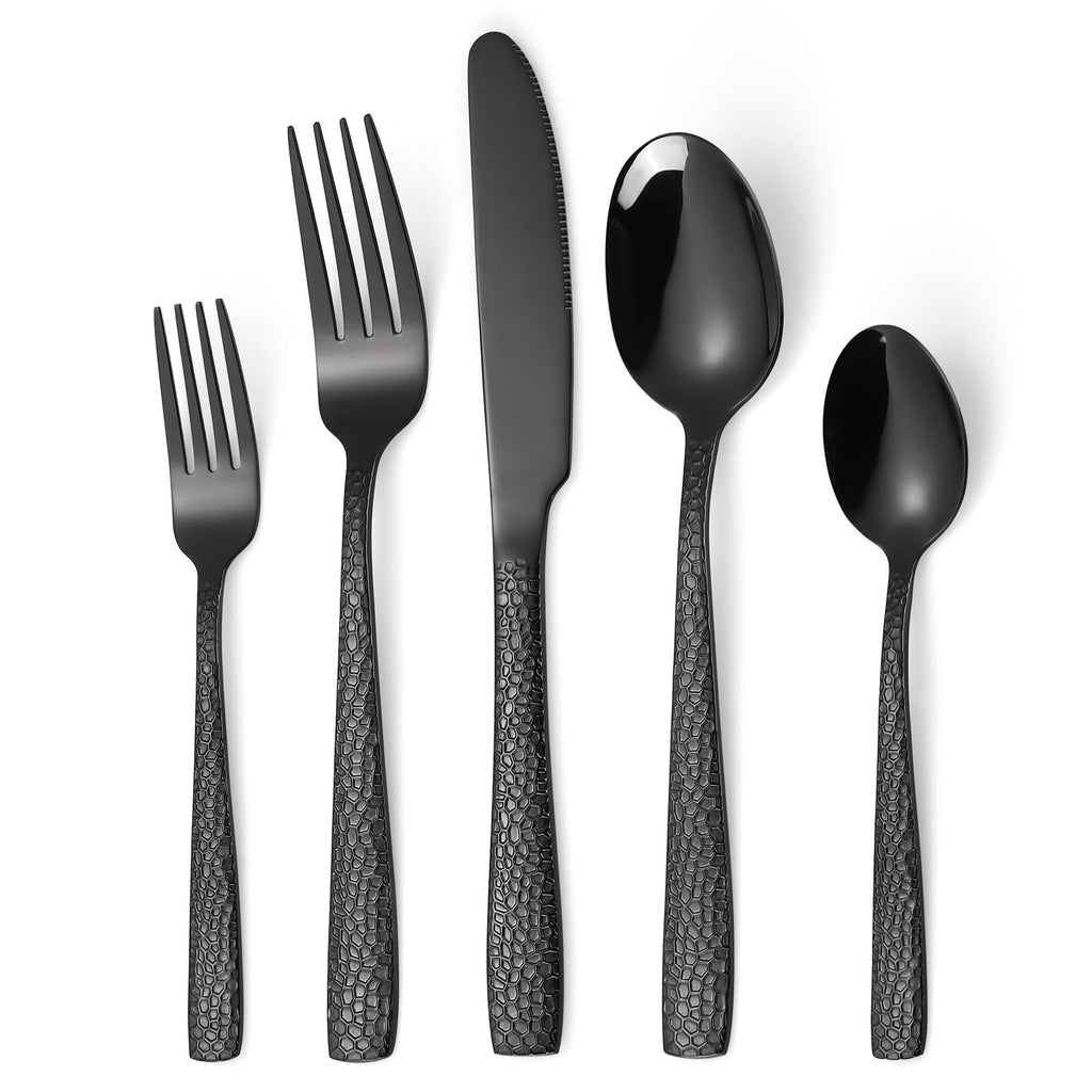 20 Piece Black Modern Flatware Set Hammered Silverware Set Stainless Steel Fine Vintage Dining Cutlery Utensil Set