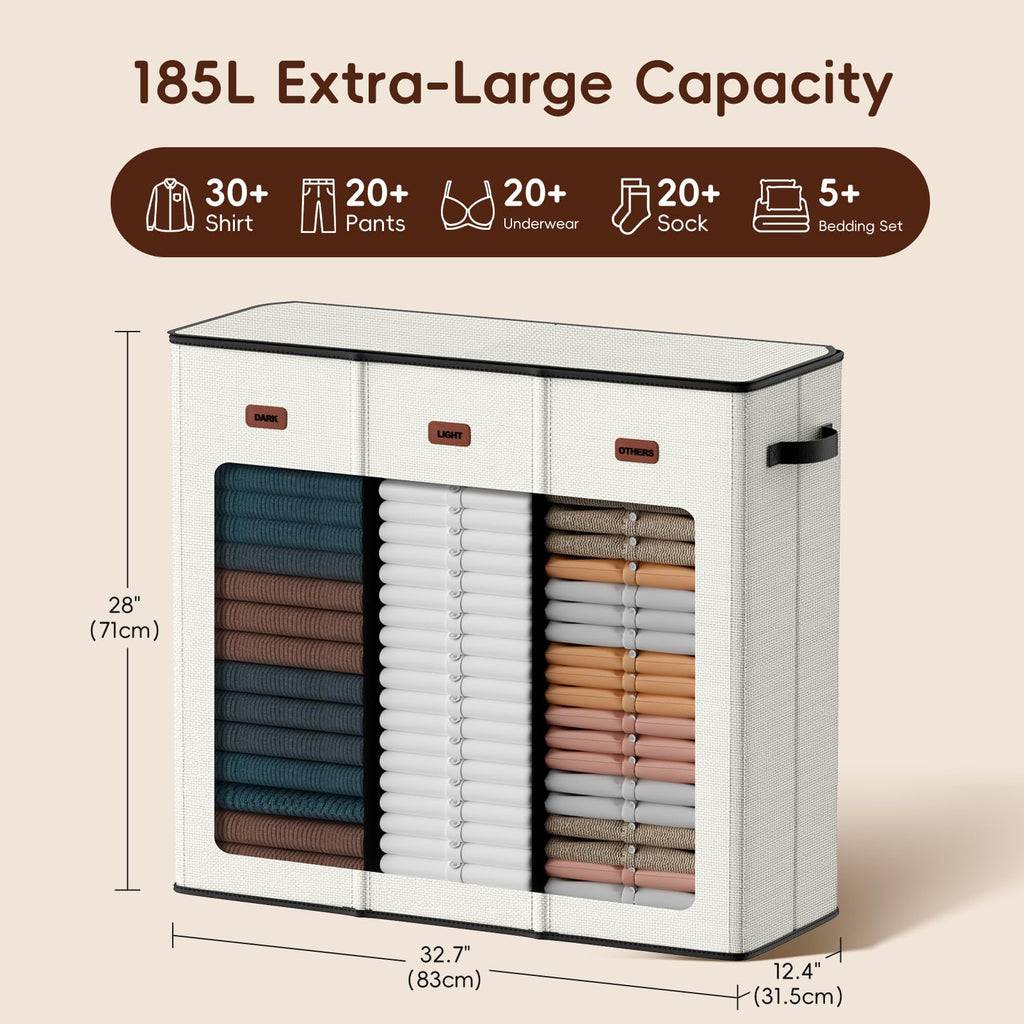 185L Triple Laundry Hamper with Lid, Dirty Clothes Hamper, Off-White