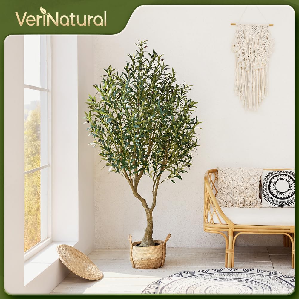 Artificial Olive Tree 6FT Fake Plants Indoor - UV Resistant Faux Olive Tree in Black Pot, Outdoor Tall Faux Silk Tree