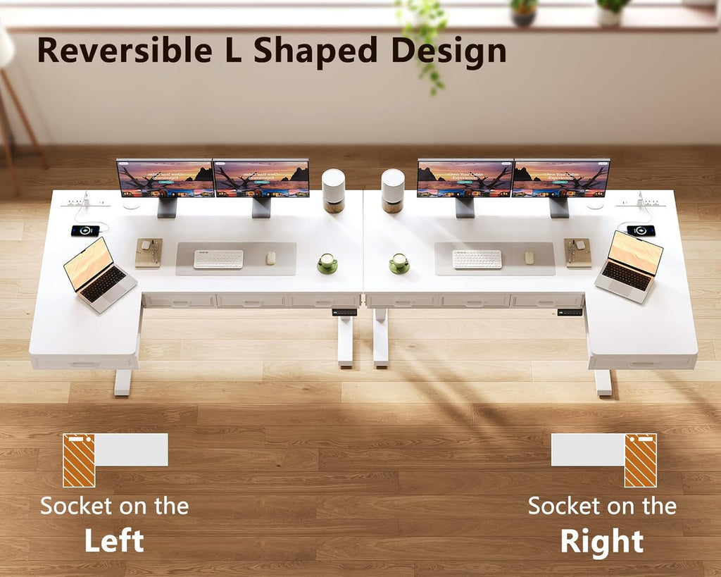 55 Inch L Shaped Standing Desk with 4 Wooden Drawers, White | Reversible Corner Table, Office Table With 4 Wooden