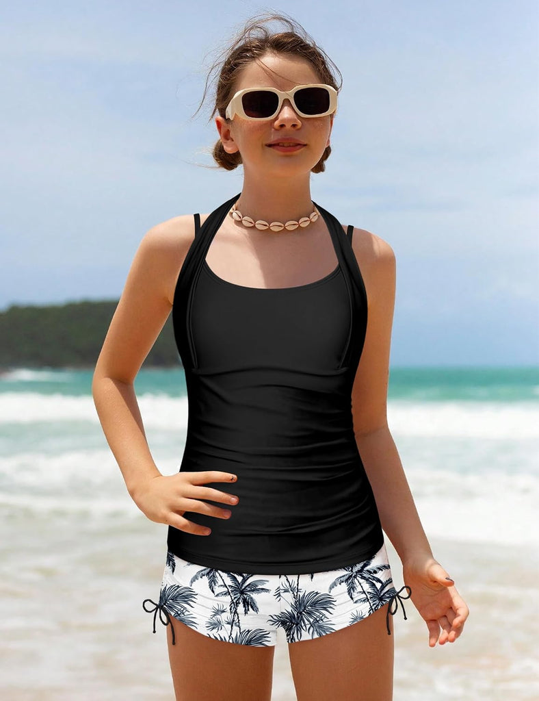 Girls Swimsuit 2 Piece Halterneck Girls Tankini Swimsuit Drawstring Printed Swim Shorts Girl Bathing Suit