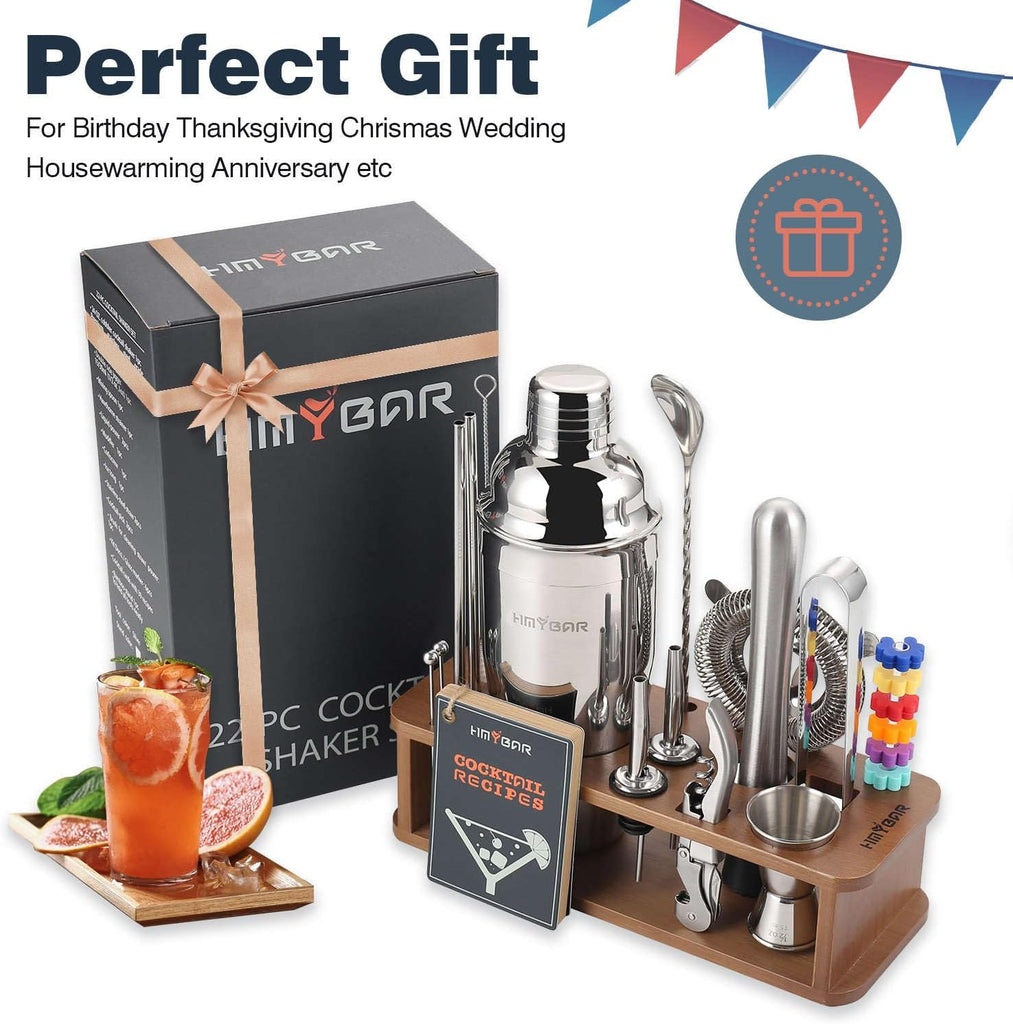 22-Piece Cocktail Shaker Set, Mixology Bartender Kit with 24oz Cobbler Shaker, Home Bar Tool Set with Brown Bamboo - Set of 22