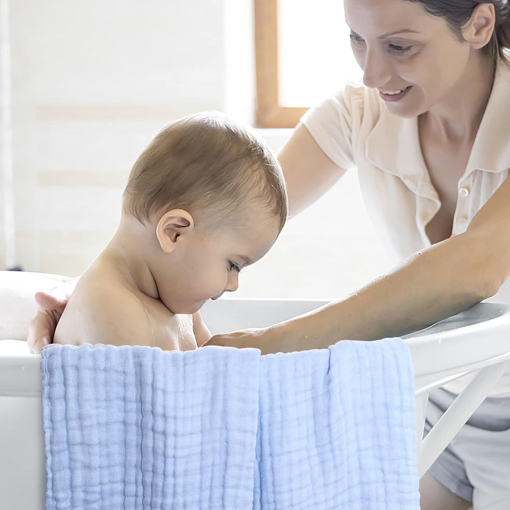Muslin Baby Bath Towels Set 3 Pack,Large 40"x40",6Layer Natural Cotton,Blue