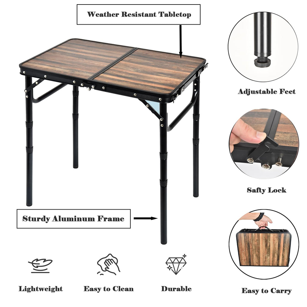 Small Folding Camping Table, 2ft Portable Picnic Table Aluminum 24" x 16" Folding Table, 3 Adjustable Heights
