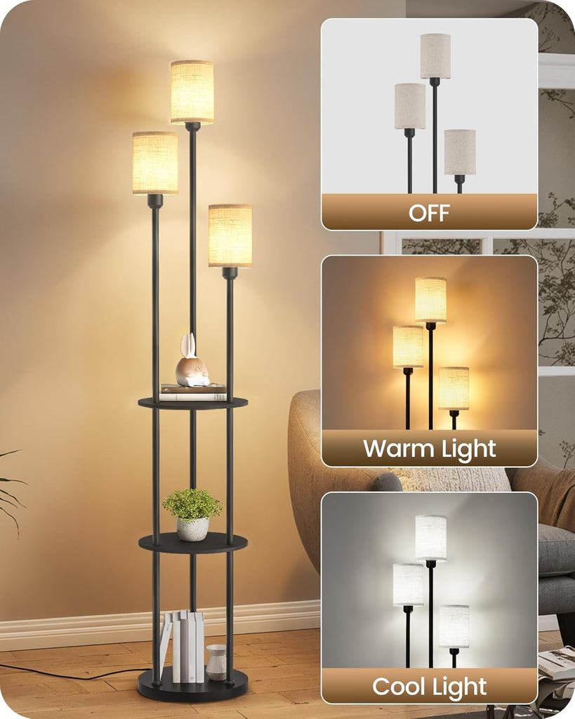 Floor Lamp with Shelves, Modern Floor Lamp with 3 Linen Shades and Foot Switch, 3-Light Standing Lamp