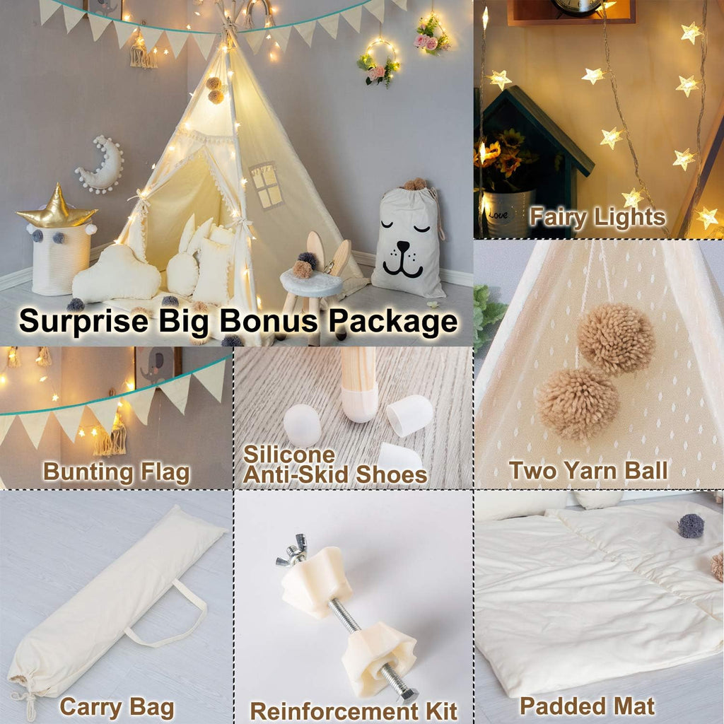 Kids Teepee Tent with Padded Mat, Banner, Fairy Lights, Yarn Ball, Carry Bag, Beige Cotton Canvas Play Tent for Child