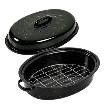 16" Enamel Carbon Steel Roasting Pan with Lid and Rack, Roaster Pan for Oven, Dishwasher Safe and High Temperature