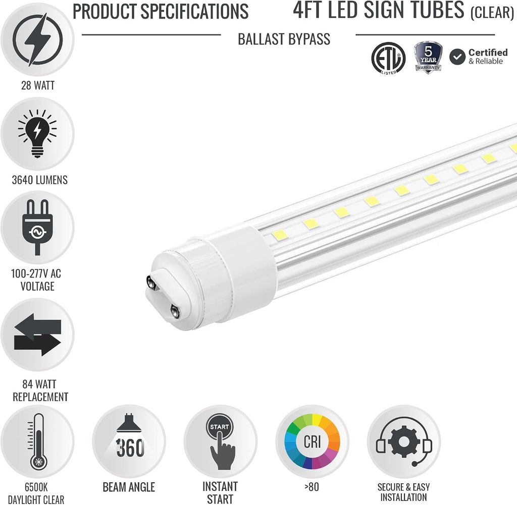LEDMyplace 28W T8 4ft LED Sign Tube with R17D Base, 6500K Daylight White, Double Side Rotatable, ETL, RoHS Listed