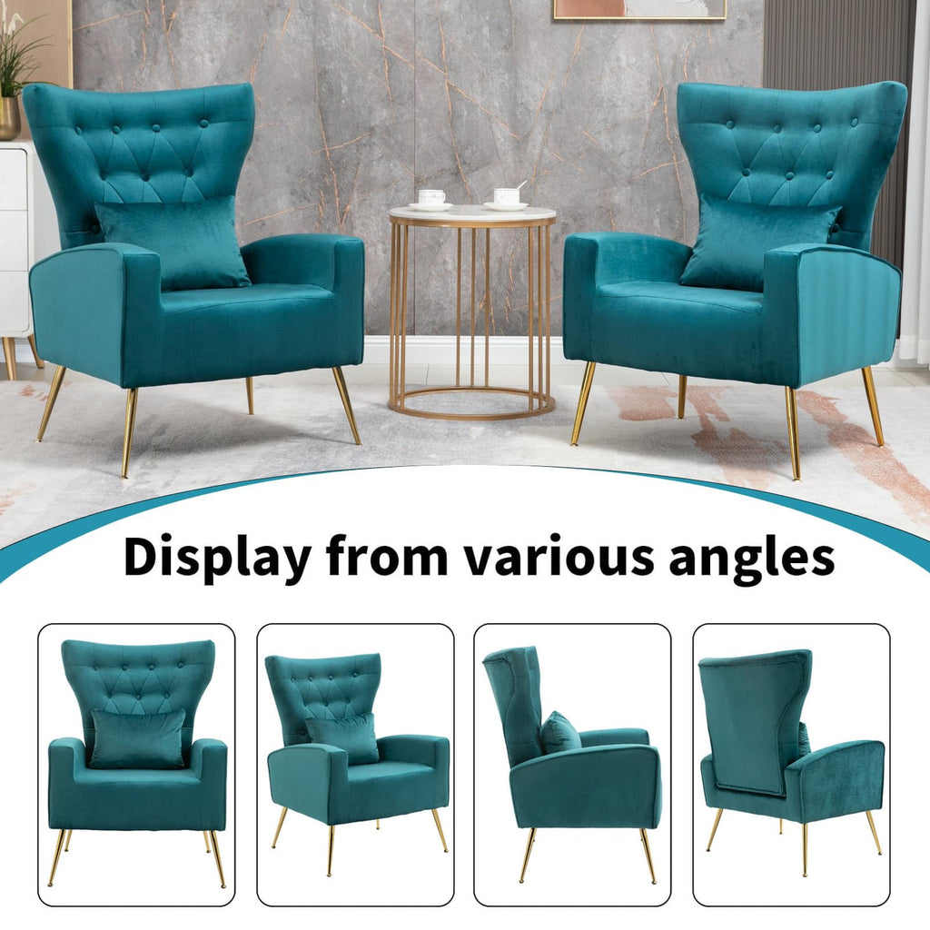 Button-Tufted Velvet Accent Chairs Set of 2, Mid Century Modern Living Room Chair with High Wingback, Upholstered Arm